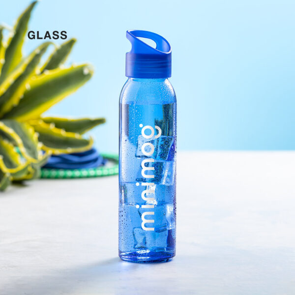 Botella personalizada de cristal con logo y tapón con asa para transportar