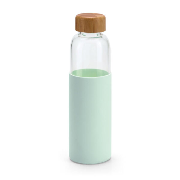 Botella de vidrio, tapón de bambu y funda de neopreno de color verde