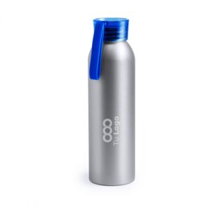 botella personalizada de alumnio gris con logo y tapa azul