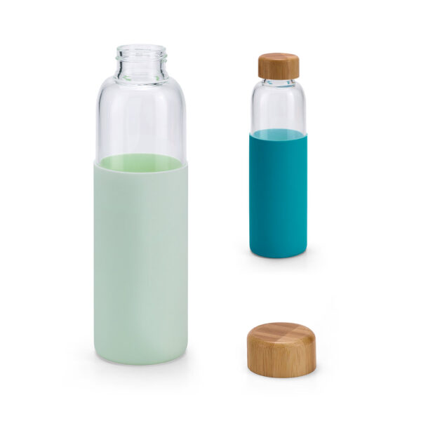 Botella personalizada de vidrio, tapón de bambu y funda de neopreno