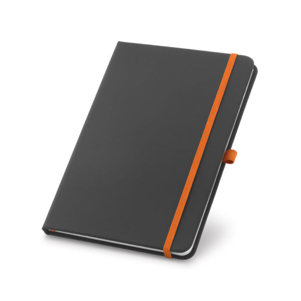 Cuaderno personalizado en color negro y la goma naranja