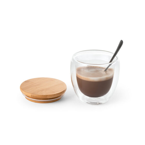 Taza de cafe de cristal con tapa de bambú