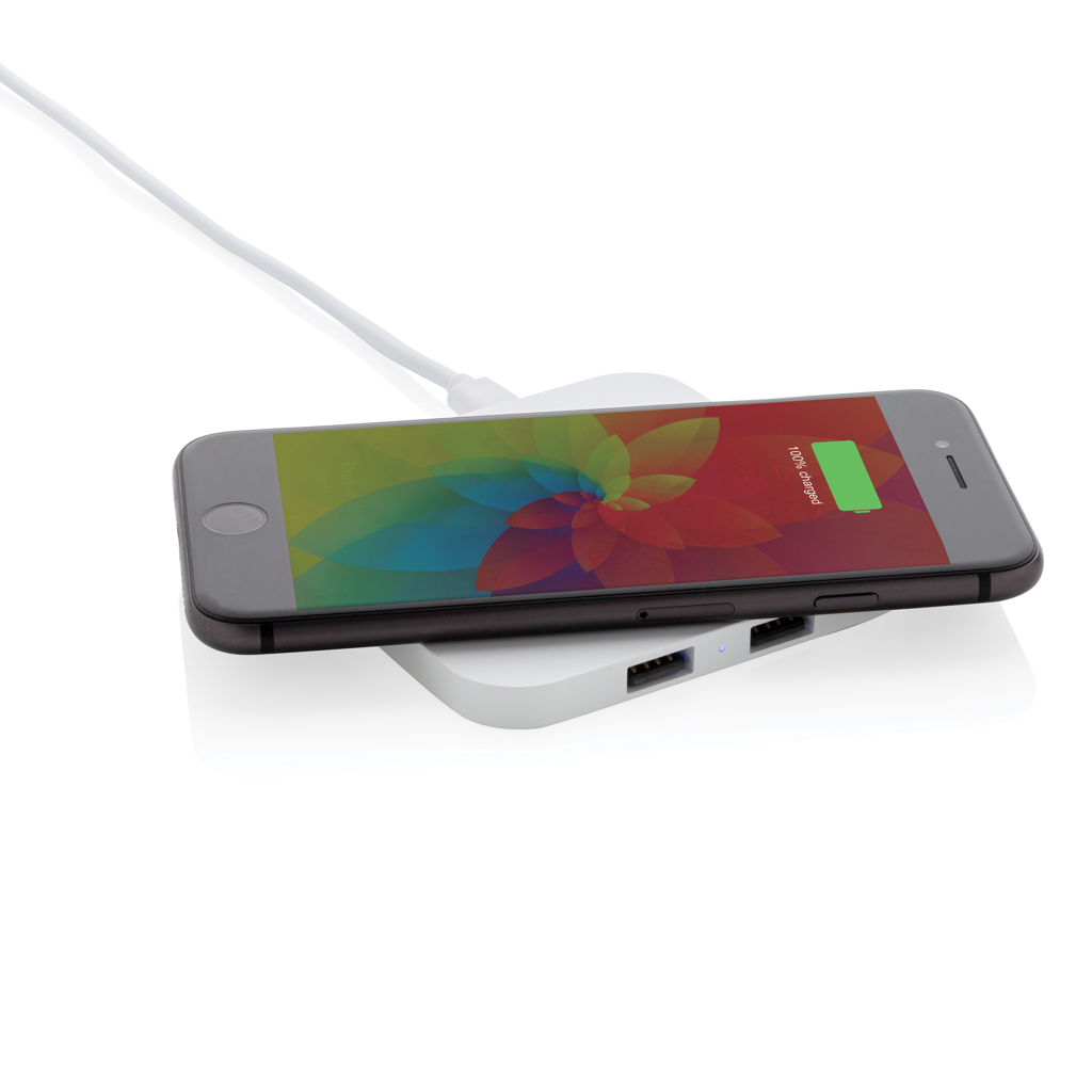 Cargador inalámbrico 10W con entradas USB 2 Cargador inalámbrico 10W con entradas USBblanco
