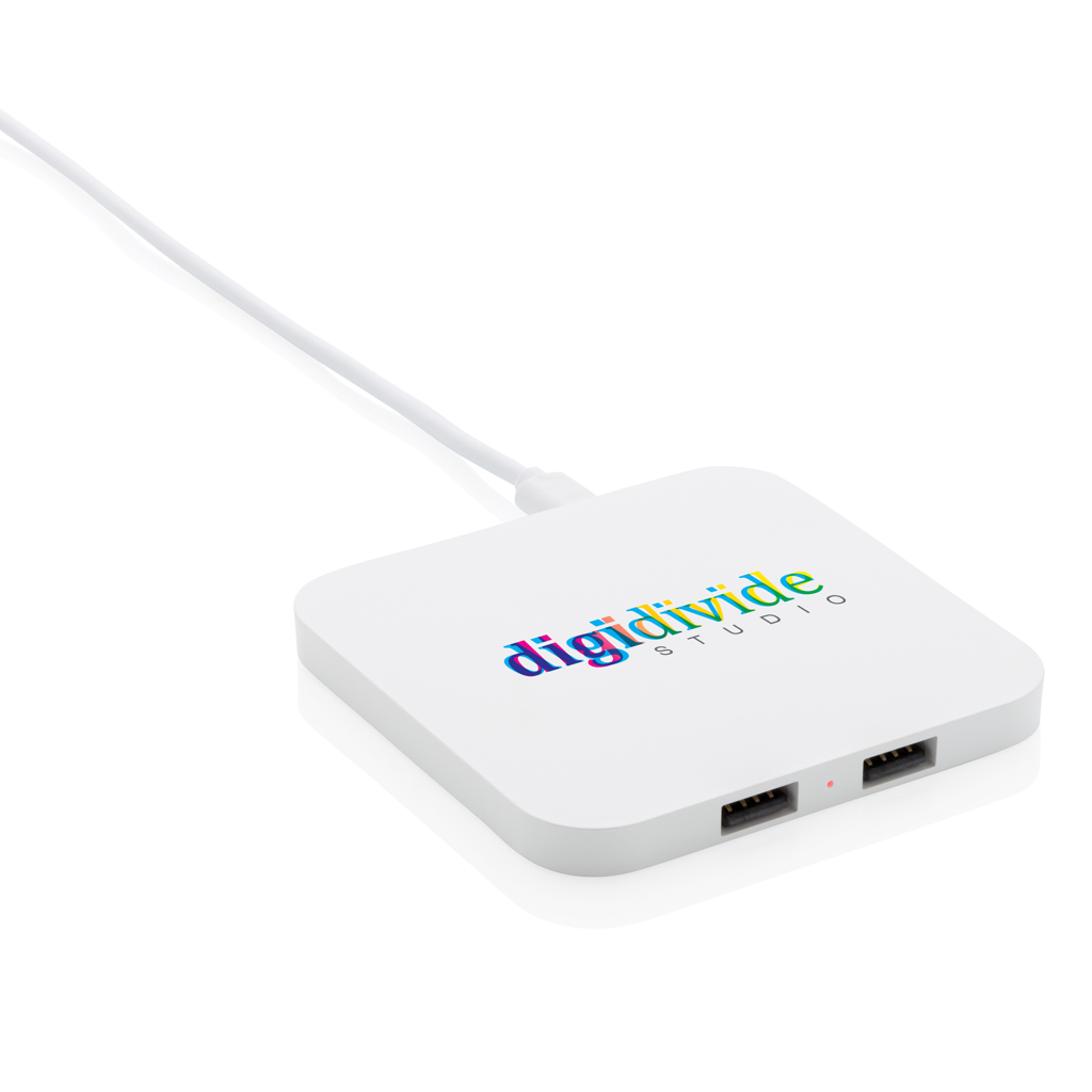 Cargador inalámbrico 10W con entradas USB 5 Cargador inalámbrico 10W con entradas USBblanco