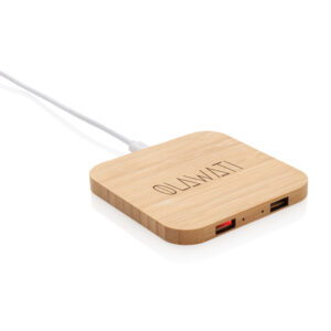 Cargador inalámbrico 5W de bambú con puertos USBmarron