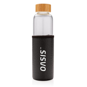 Botellas personalizadas  de vidrio de borosilicato con funda de PU texturizadnegro