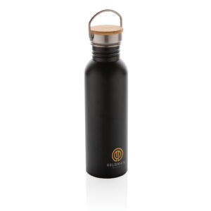 Botellas personalizadas  moderna de acero inoxidable con tapa de bambú.negro