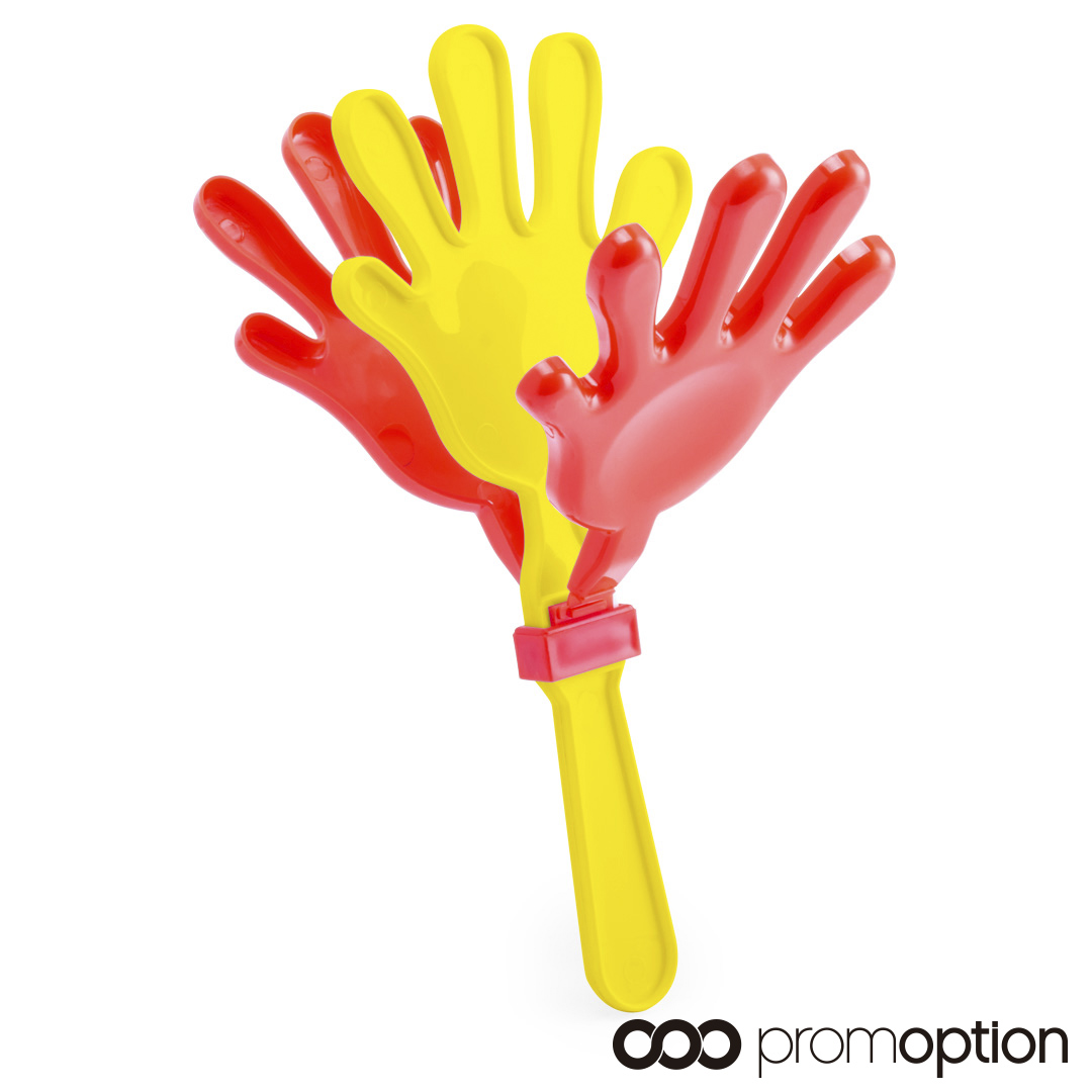 Mano Animación Maracaná Personalizada 1 Mano animación Maracaná personalizada fabricada en plástico rojo y amarillo, diseñada para animar y hacer ruido en partidos y eventos deportivos.