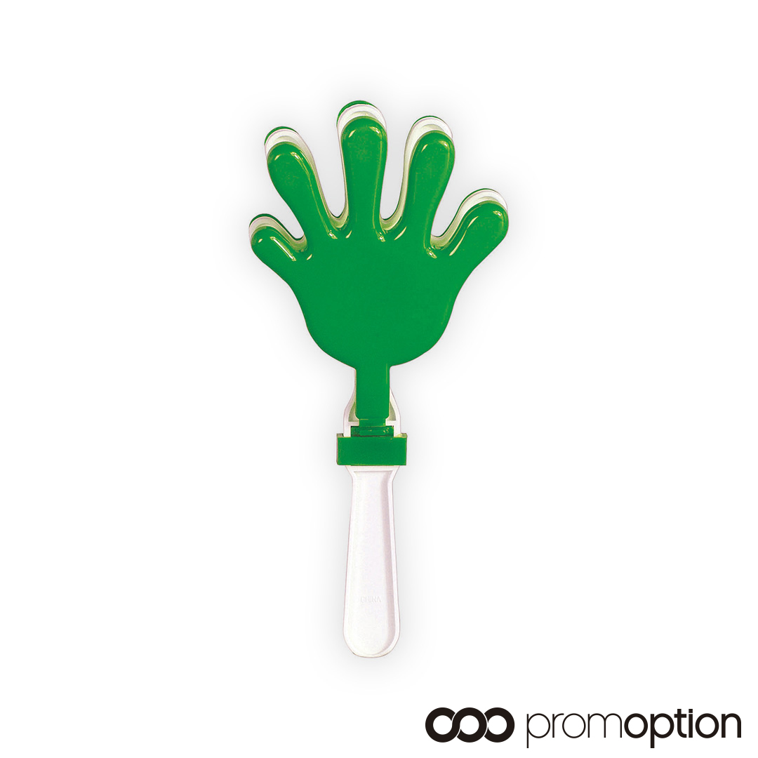 Mano Animación Maracaná Personalizada 5 Mano animación Maracaná personalizada fabricada en plástico blanco y verde, diseñada para animar y hacer ruido en partidos y eventos deportivos.